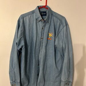 Vintage Denim Shirt with Tweety Bird Cartoon Embroidery
